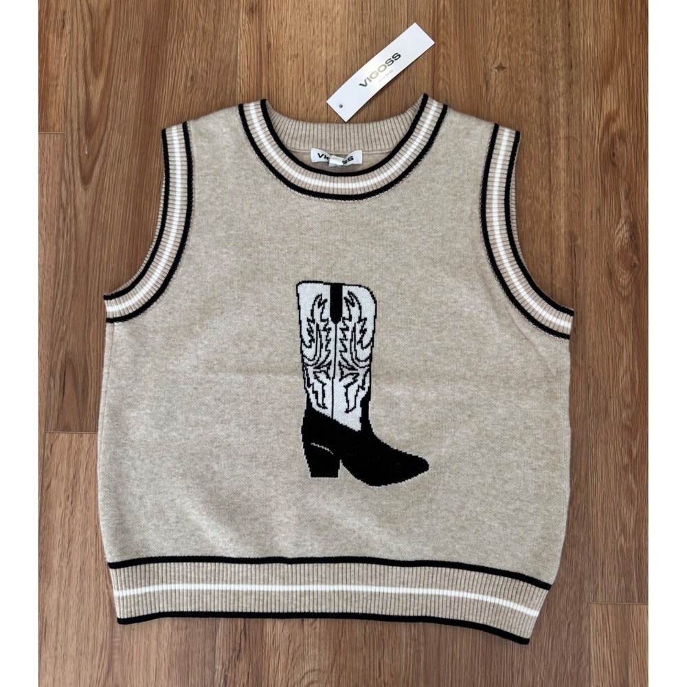 Vigoss Womens Cowboy Boot Knit Sweater Vest Beige Tan Black White Size M NWT